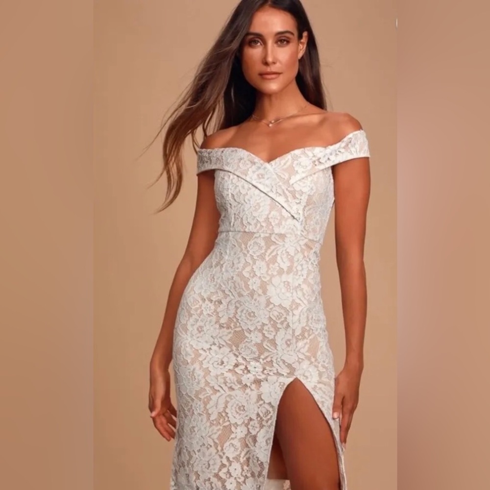 Lulus Table for Two White Lace Off Shoulder Midi Dress Size Medium NWT Bridal